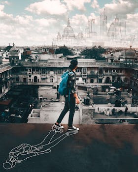 一名背着蓝色背包的男子在屋顶上俯瞰新德里的建筑天际线