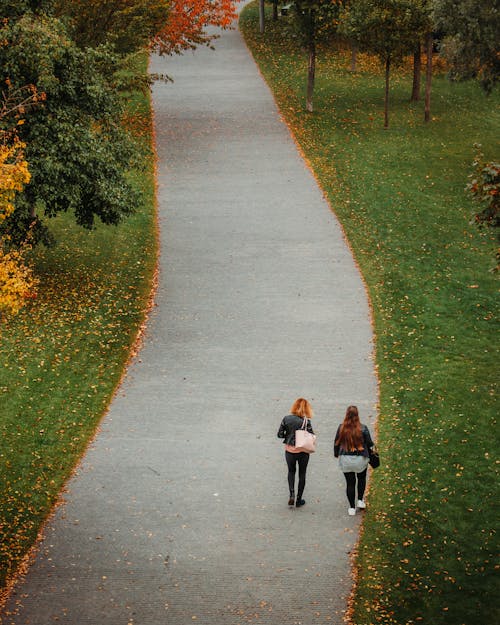Two women walking down a path in a park