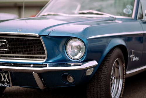View of the Front of a Blue Ford Mustang Fastback