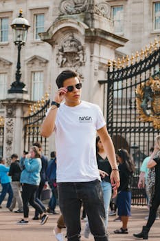 一名戴着太阳镜、穿着白衬衫的男子在伦敦白金汉宫摆出时尚姿势