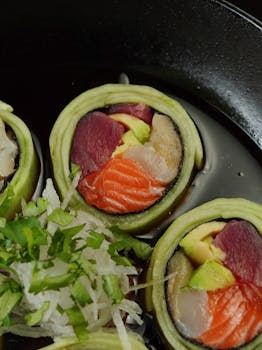Delicious sushi roll with fresh fish and avocado in close-up view, showcasing vibrant colors.