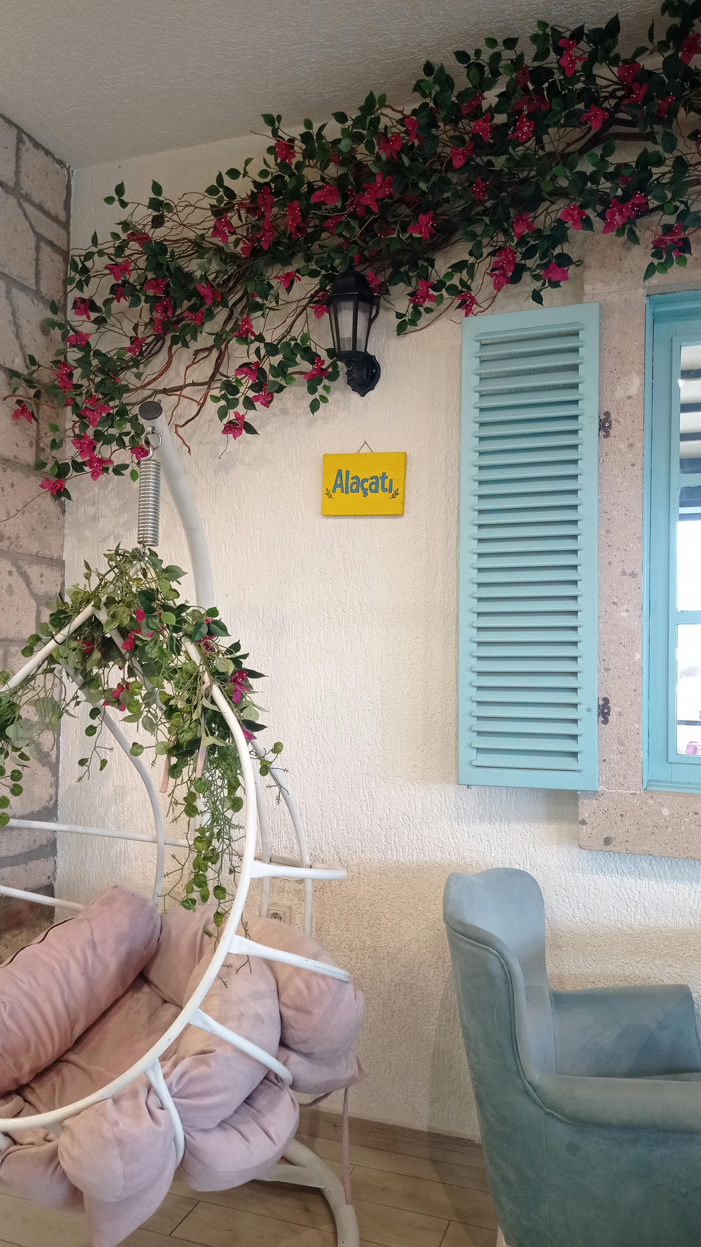 A charming indoor space with floral decor, blue shutters, and cozy seating.