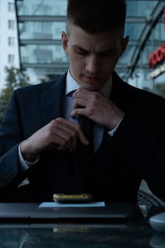 A young Caucasian man in a suit adjusting his tie while sitting with a smartphone and laptop.