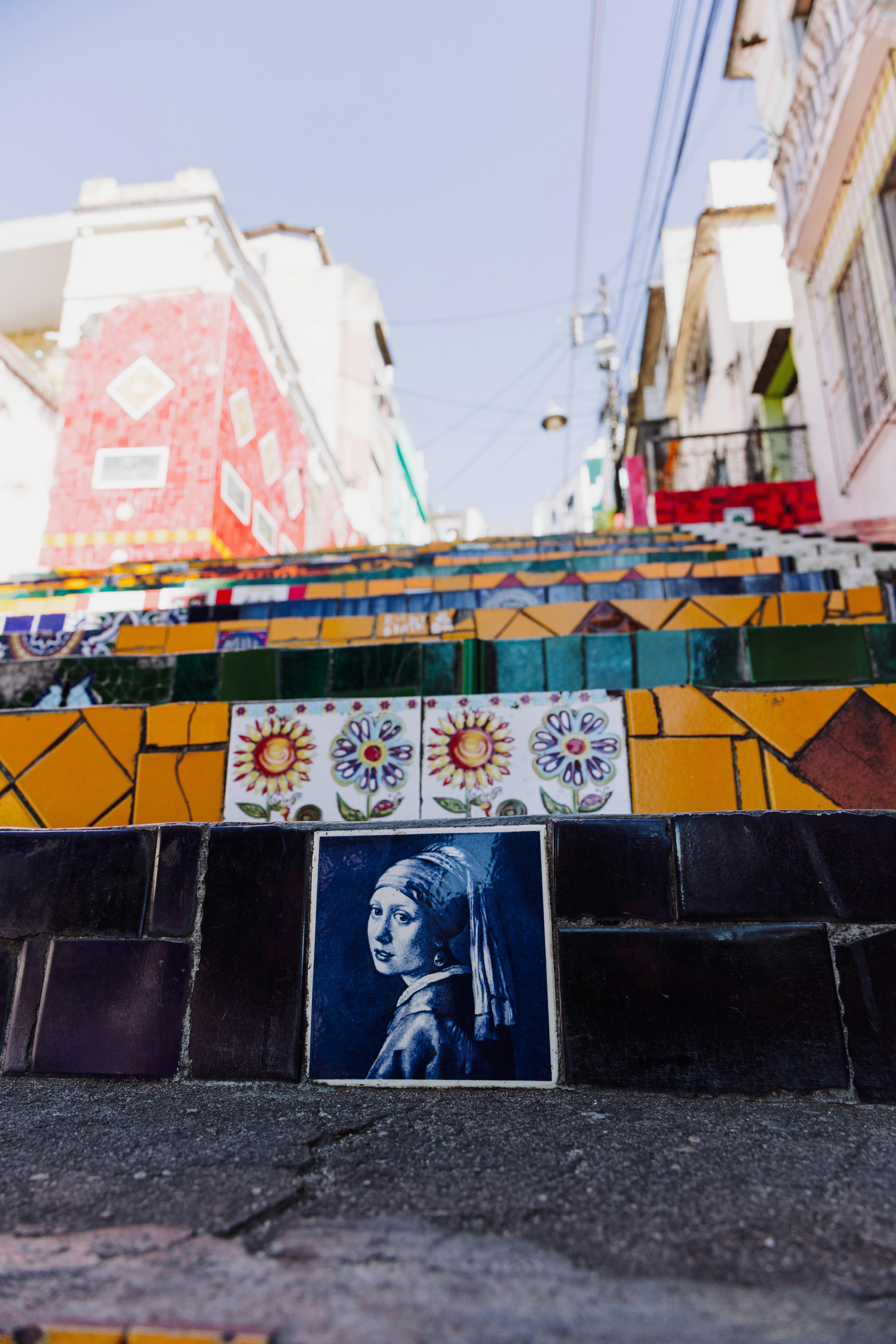 Colorful tiled Escadaria Selarón steps in Rio de Janeiro.