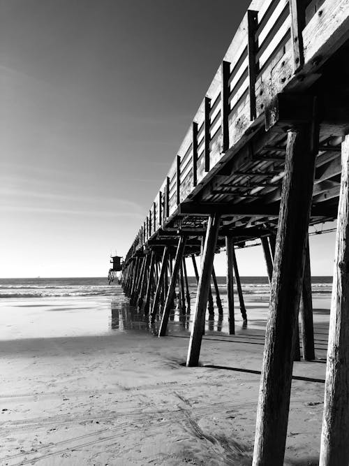 Grayscale Photography of Wooden Seadock