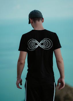 年轻人在户外穿着无限标志衬衫，以风景为背景摆姿势