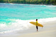 在马尔代夫富瓦穆拉令人惊叹的海滩上，一名冲浪者光天化日之下拿着冲浪板站立