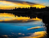 马尔代夫富瓦穆拉宁静的湖泊倒映着美丽的日落，勾勒出棕榈树的轮廓