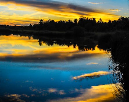 马尔代夫富瓦穆拉宁静的湖泊倒映着美丽的日落，勾勒出棕榈树的轮廓