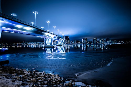 Free Bridge With Lights At Night Stock Photo