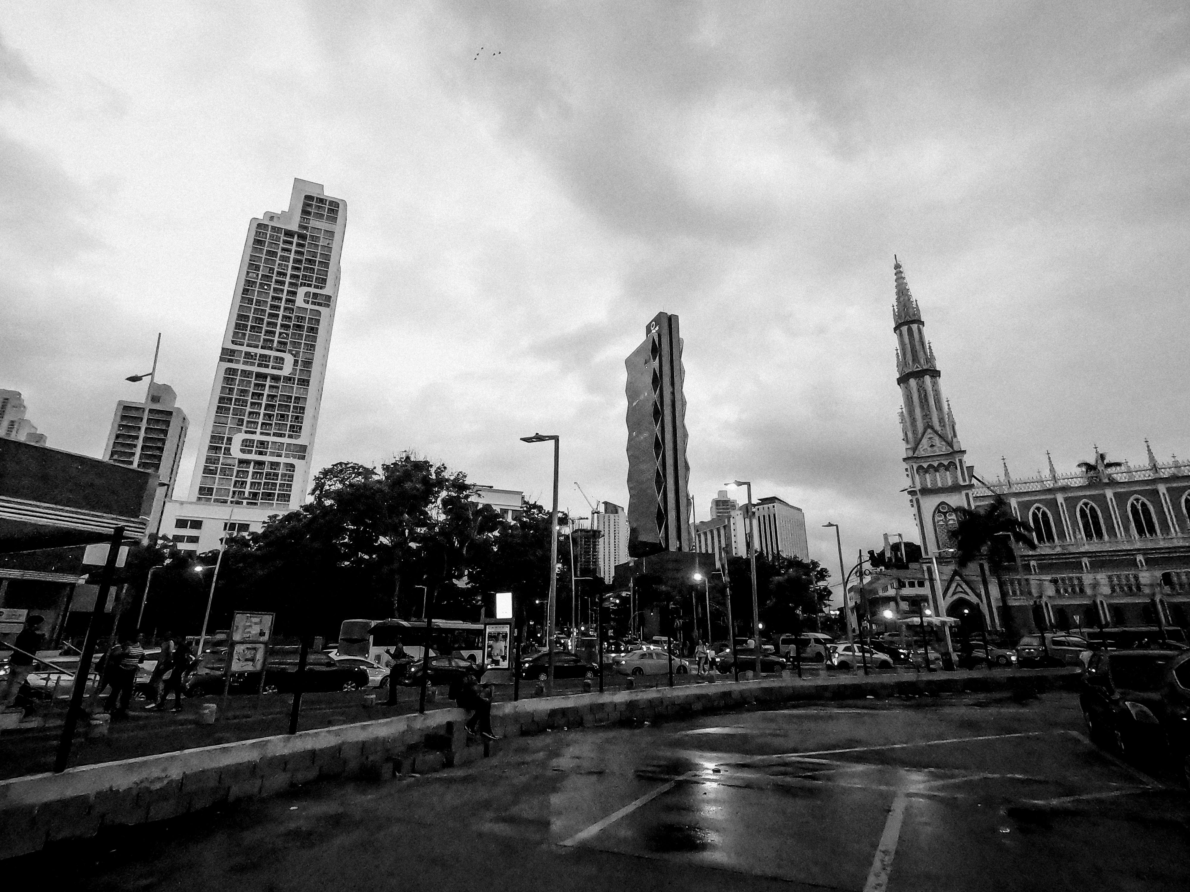 monochrome photo of buildings