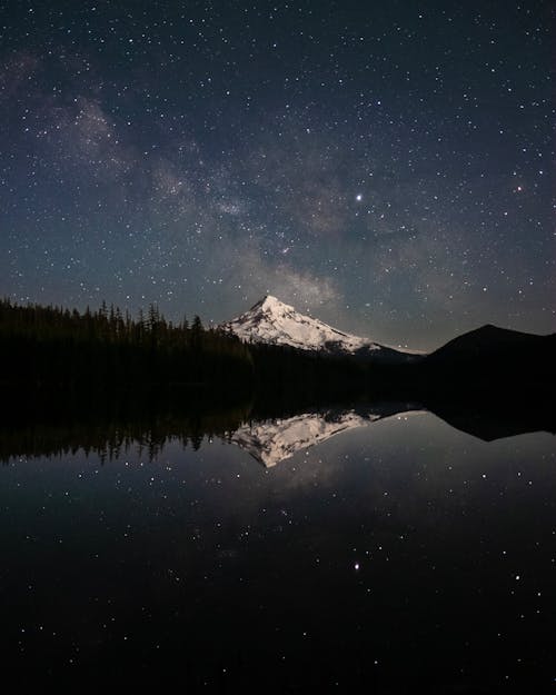 Fotografia De Uma Montanha Nevada Durante A Noite