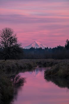 日落时分，胡德山令人惊叹的景色与充满活力的粉红色天空，映照在华盛顿州温哥华平静的河面上