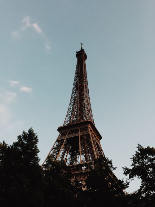 Free A stunning low-angle view of the Eiffel Tower framed by trees under a clear blue sky. Stock Photo