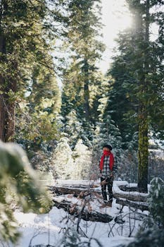 A person hiking through a snowy pine forest on a bright winter day.