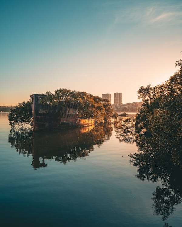 Brown Wreck Boat on Body of Water