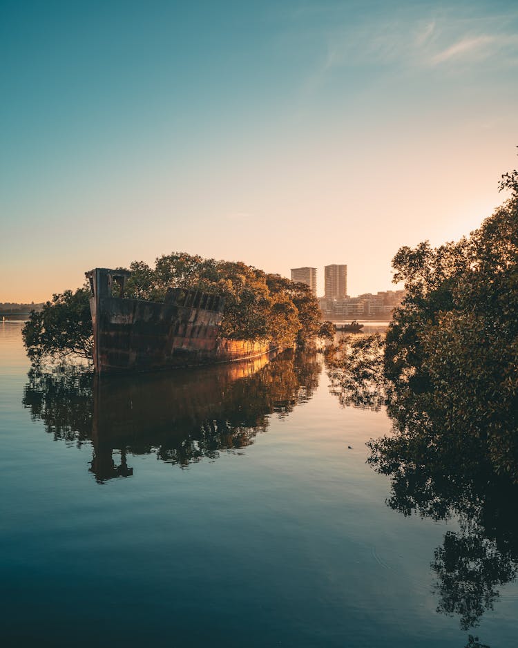 Brown Wreck Boat On Body Of Water