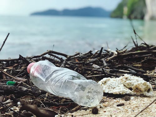 Botella de plastico en la orilla del mar