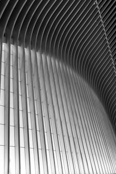 这座引人注目的现代建筑采用弧形金属结构，饰以线性图案，展现了当代设计风格