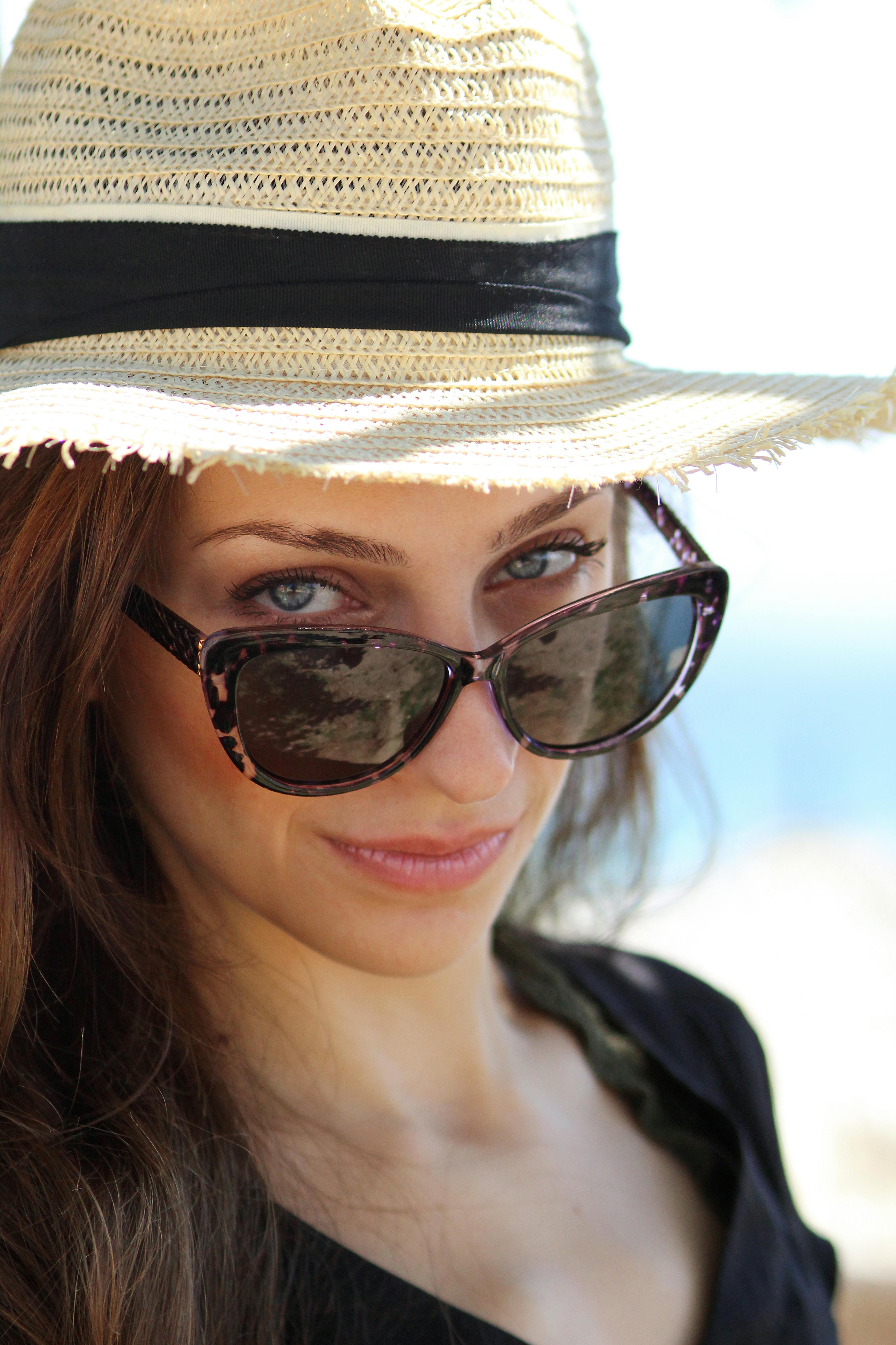 Close-up portrait of a stylish woman wearing a straw hat and sunglasses, exuding summer fashion.