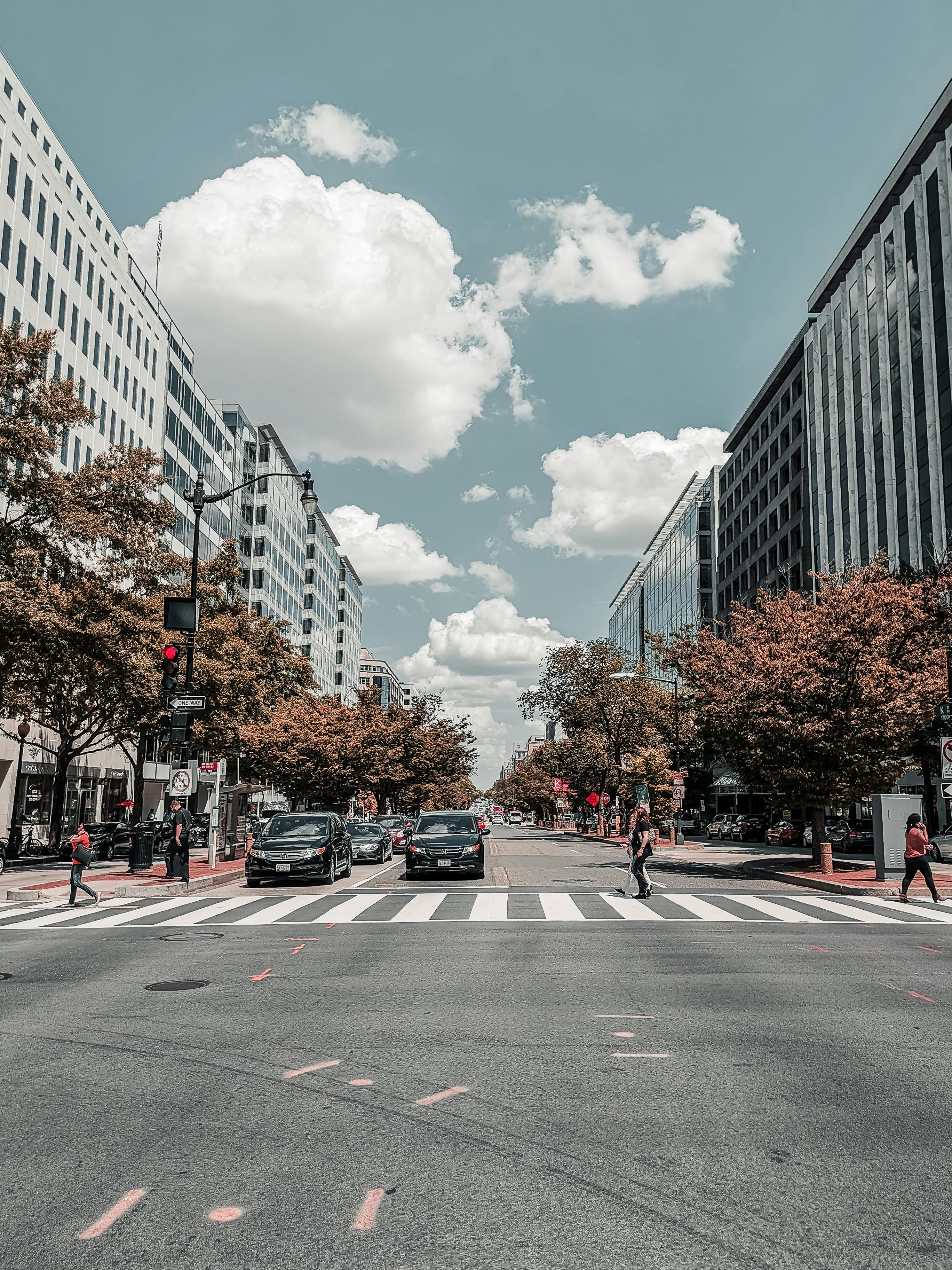 明亮的天空下，热闹的城市街道上，人们正穿过斑马线