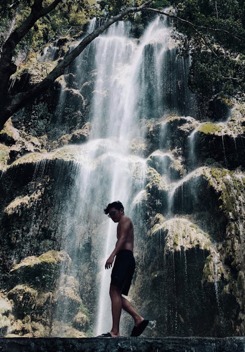 Homme Debout Près De La Cascade