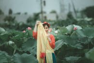 一位身着缤纷彩衣的女子，置身于生机勃勃的莲花园中，尽显优雅与自然之美