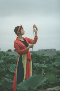 一位女子站在田野里，手捧一朵粉红色的莲花，周围郁郁葱葱
