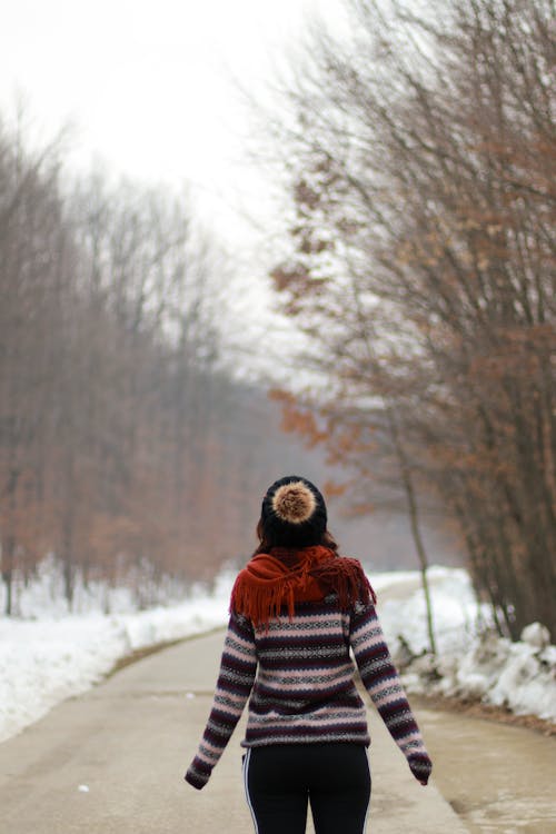 冬の間の木々の間の道の女性