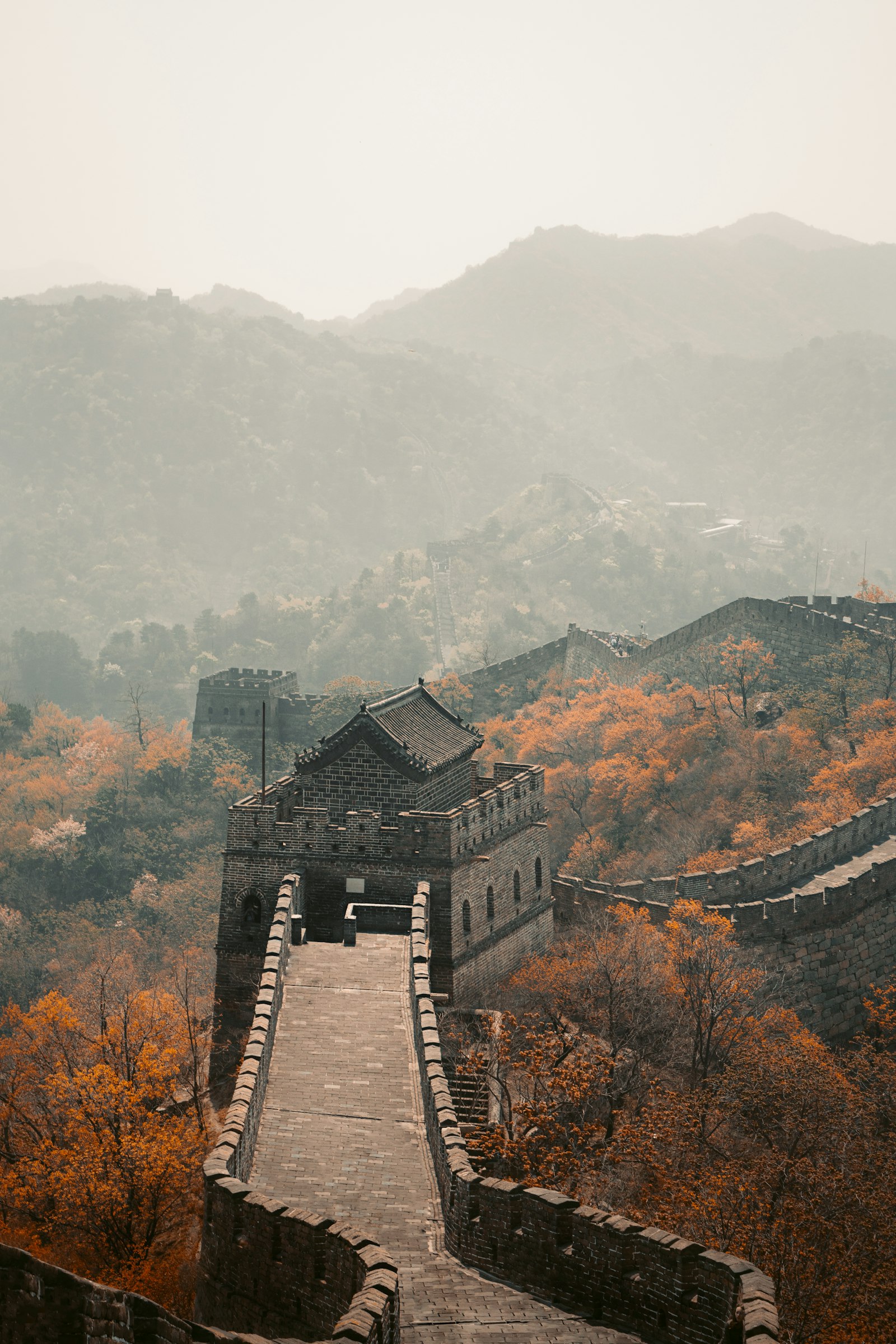 The Great Wall of China stretching across green mountains