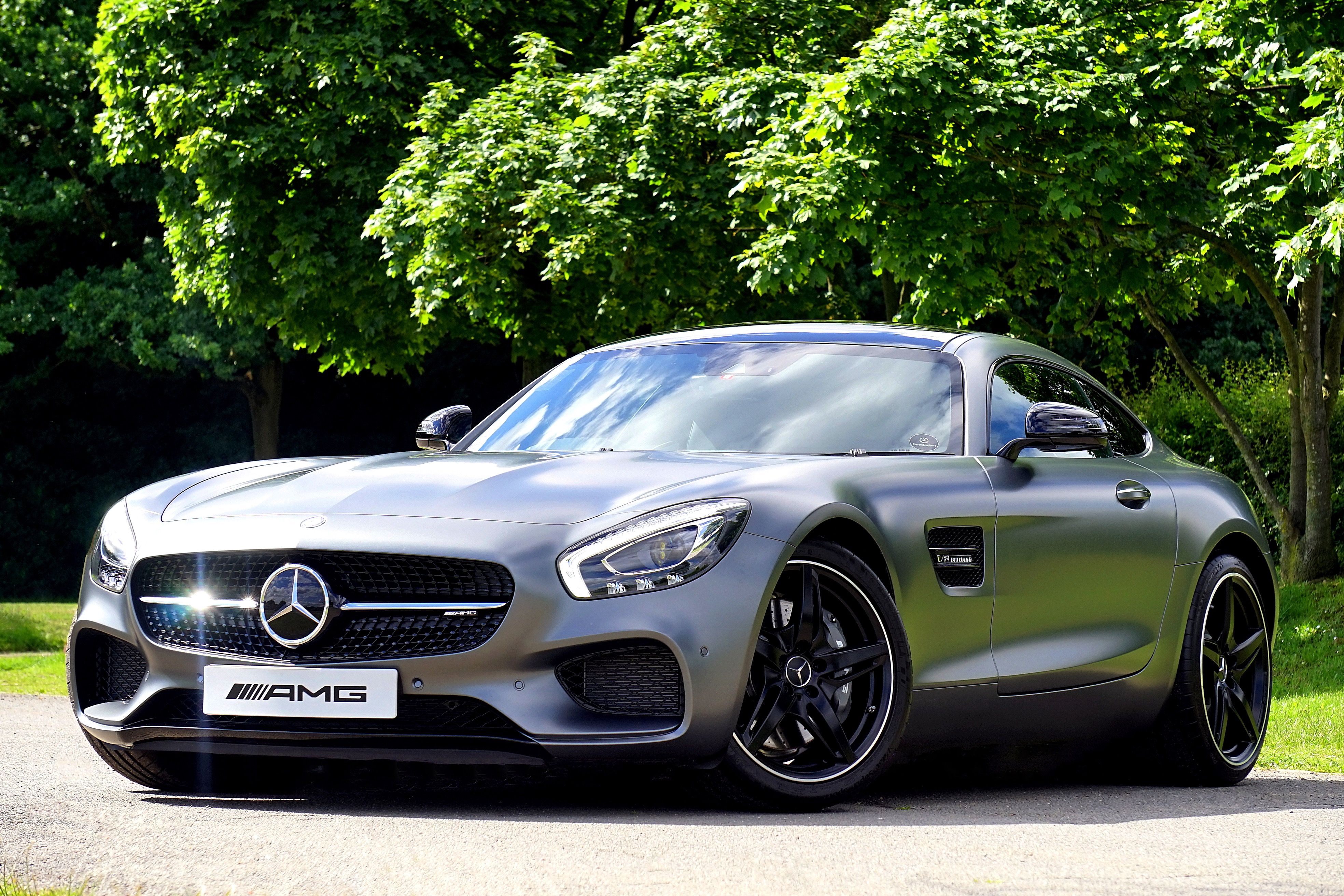 Silver Mercedes benz Amg Gt Coupe Parked Beside Green Leaf Tree Free