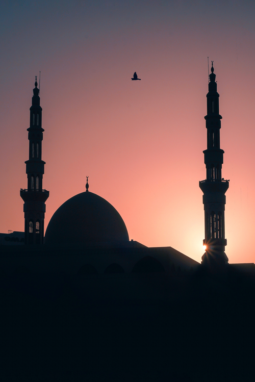 Free Stunning silhouette of a mosque with a bird flying at twilight, emphasizing spirituality. Stock Photo