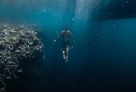 潜水员潜入水下，探索充满活力的珊瑚礁，捕捉海洋的宁静与神秘