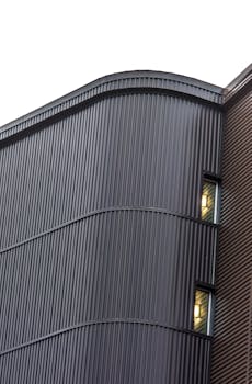 加拿大温尼伯现代建筑立面特写图，带有金属壁板和窗户