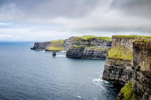 Stunning view of Ireland's Cliffs of Moher with dramatic skies over the Atlantic Ocean.