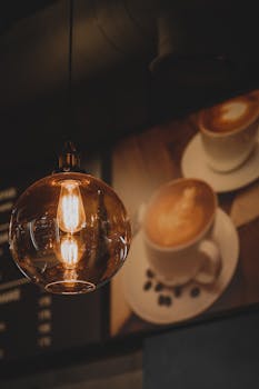 Warm pendant light illuminating a cozy coffee shop with cappuccinos in the background.