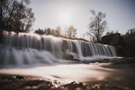 日落时拍摄的挪威罗加兰宁静瀑布，水流流畅