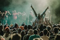 音乐会现场充满活力，观众们随着音乐冲浪，热闹地欣赏着现场表演