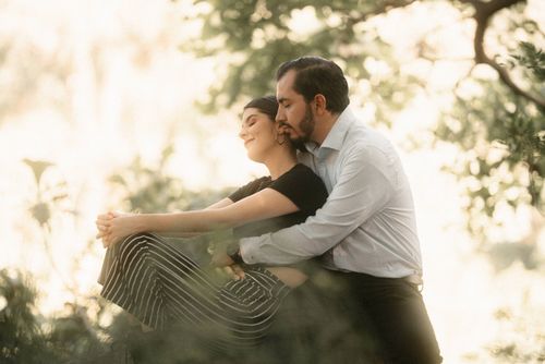 Free A loving couple embraces in a sunlit park, surrounded by greenery, exuding warmth and affection. Stock Photo