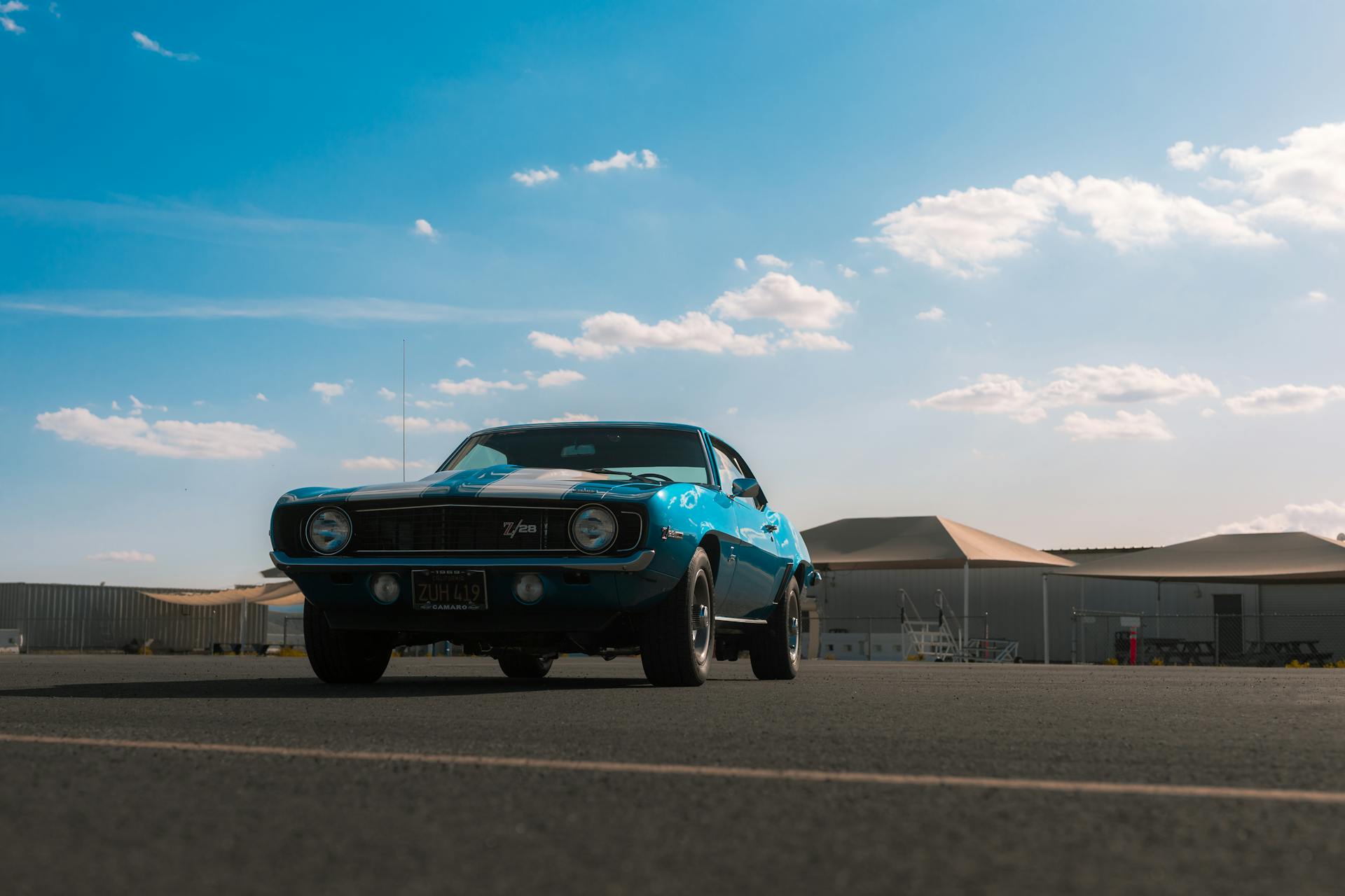 Vintage 1969 Chevrolet Camaro Z-28 parked under clear blue sky on a sunny day.