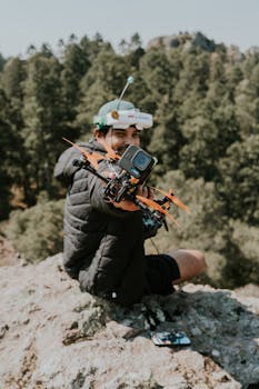 A man in a jacket sitting on a rock controlling a drone in a forest setting on a sunny day.