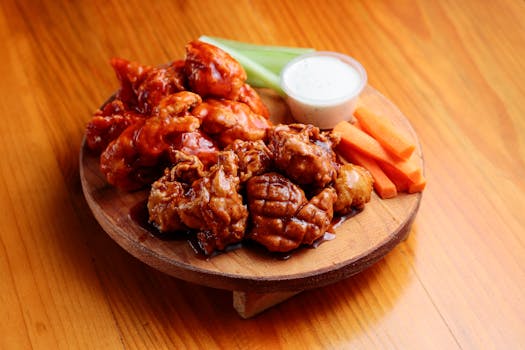Tasty chicken wings served with vegetables and sauce on a wooden plate.