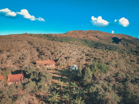 从空中俯瞰，坐落在郁郁葱葱山谷中的乡村房屋，映衬着蔚蓝的天空