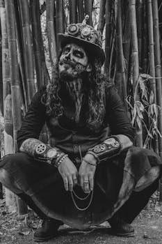 A person in steampunk attire with painted face crouching in a bamboo forest.