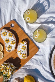 Top view of a summer picnic setup with lemonade, sandwiches, and daisies.