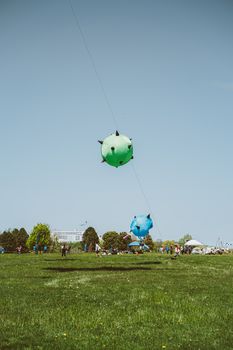 Lively park setting featuring whimsical inflatable balloons against a clear blue sky.