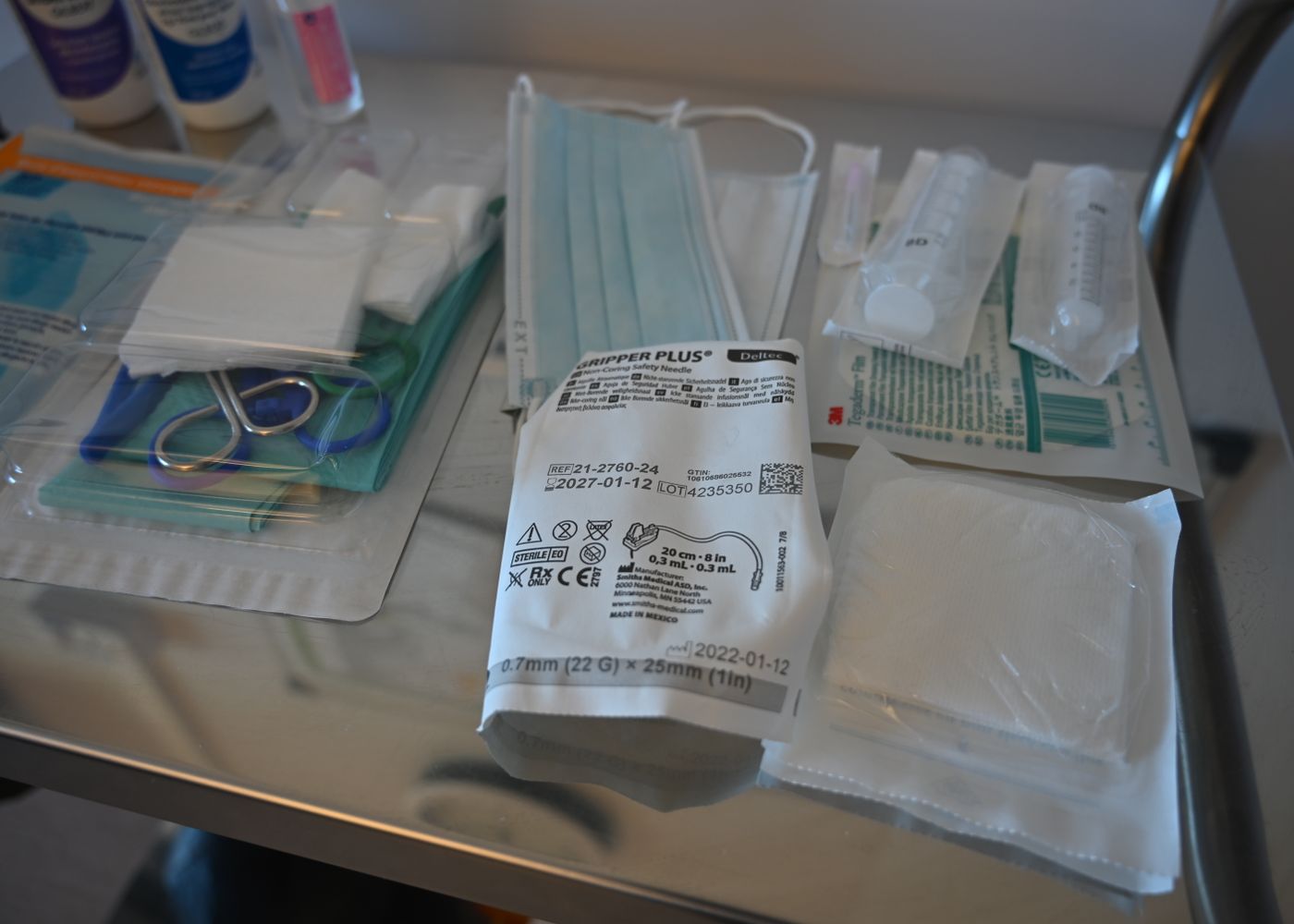 Clinical wound care supplies arranged on a sterile table