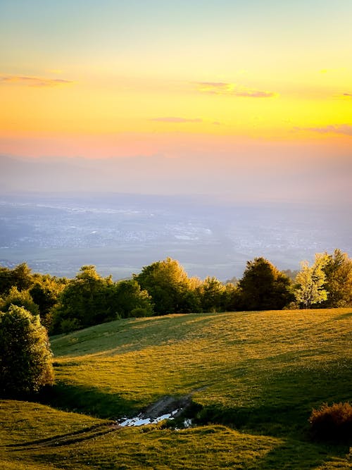 A sunset over a green hill with trees