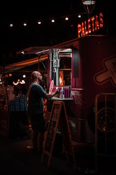 Nighttime view of a food truck selling paletas with a customer ordering under ambient lighting.