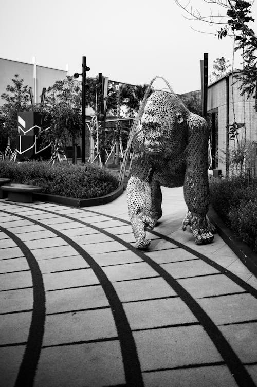 A gorilla statue is on a path in black and white